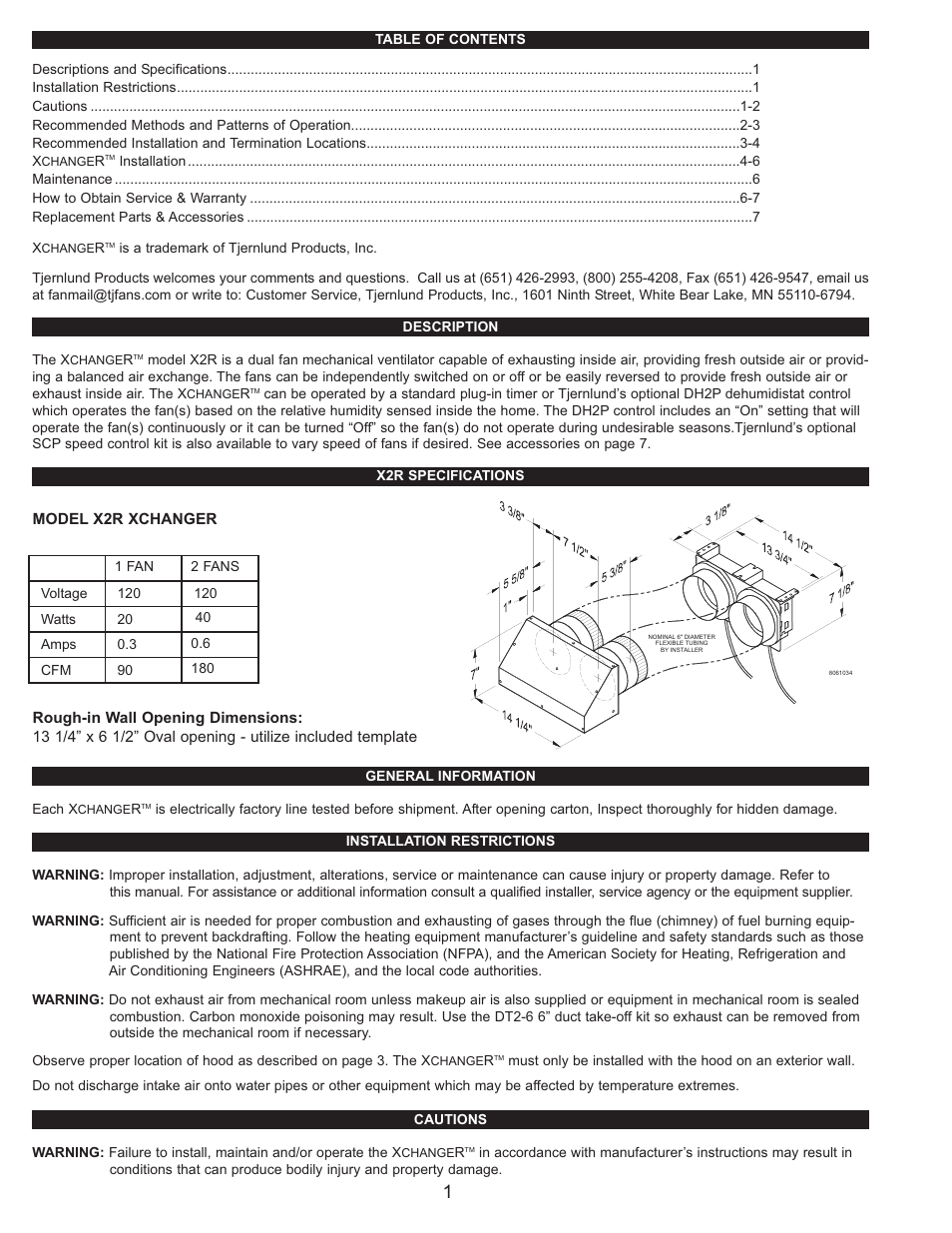 Tjernlund X2R XCHANGER Reversible Basement Fan 850402 Rev A 07/14 User Manual | Page 2 / 8