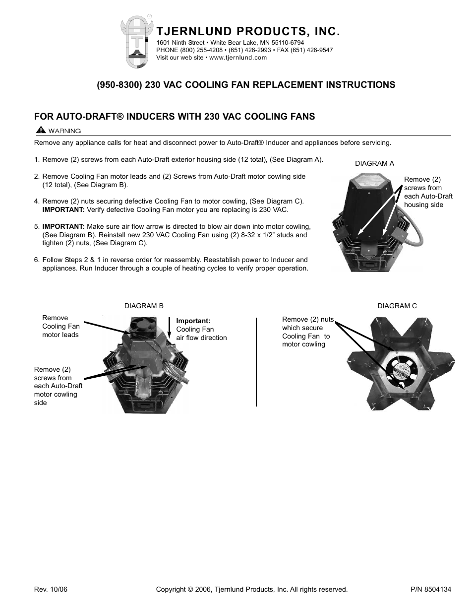 Tjernlund 950-8300 230V Fan Kit 8504134 User Manual | 1 page