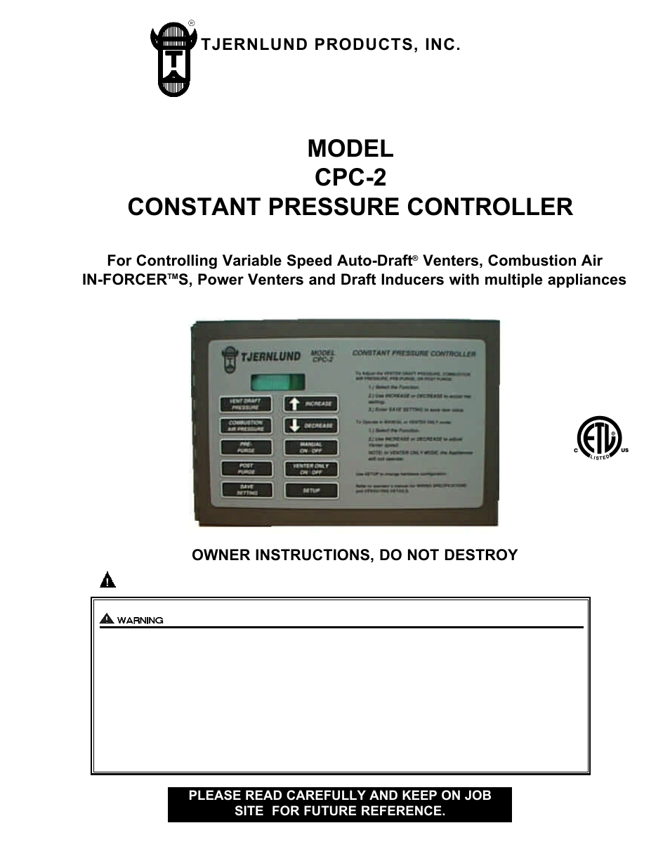 Model cpc-2 constant pressure controller | Tjernlund CPC-2 Constant Pressure Controller (Discontinued) 8504091 Rev A 03/01 User Manual | Page 3 / 17