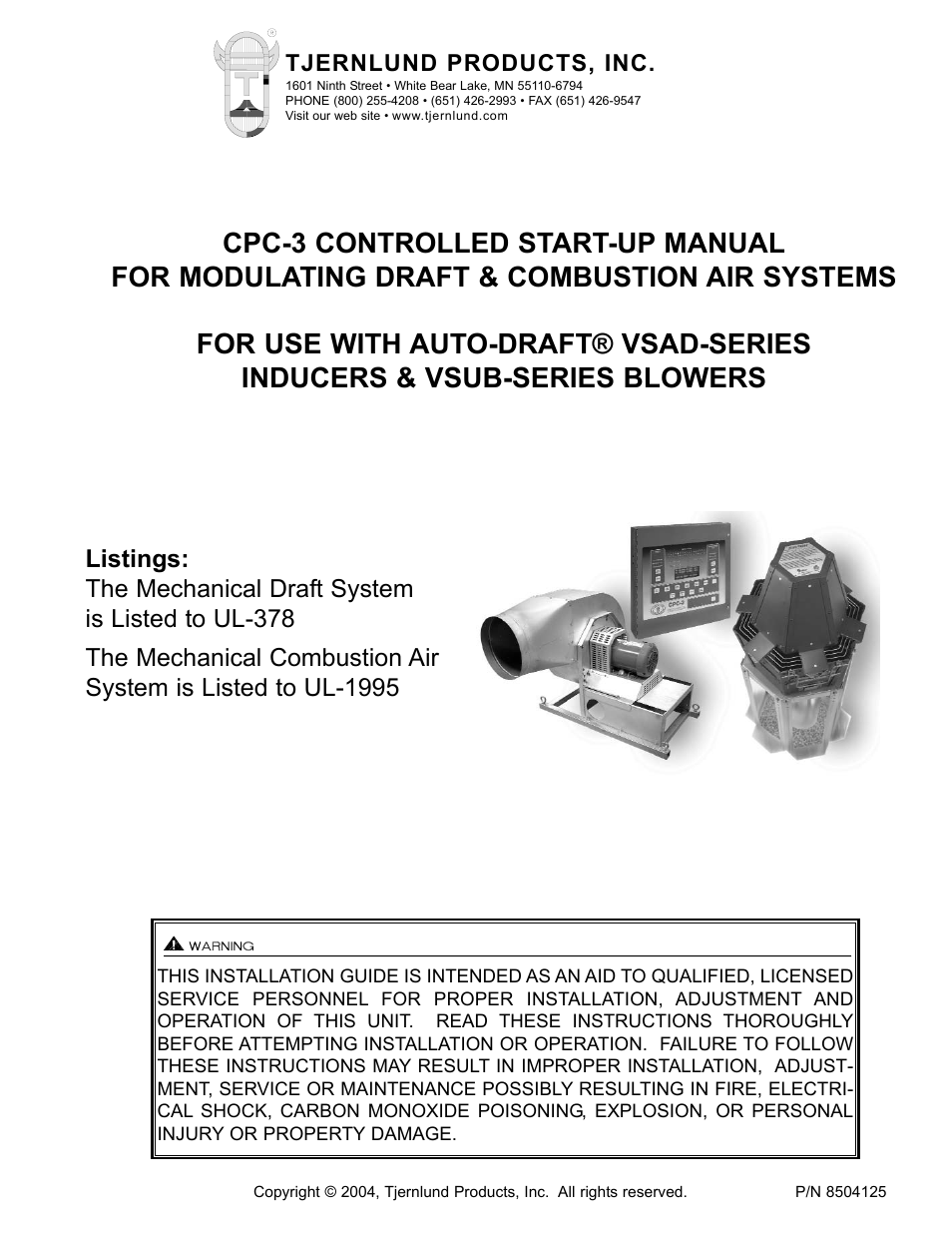 Tjernlund CPC-3 Constant Pressure Controller Startup Manual 8504125 User Manual | 18 pages