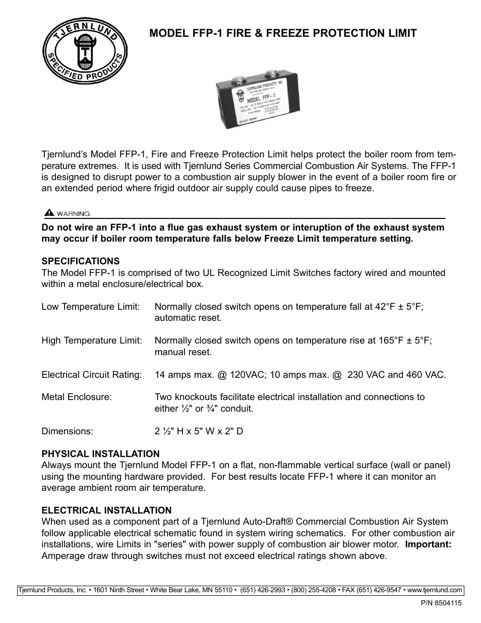 Tjernlund FFP-1 Fire & Freeze Protection Limit 8504115 User Manual | 1 page