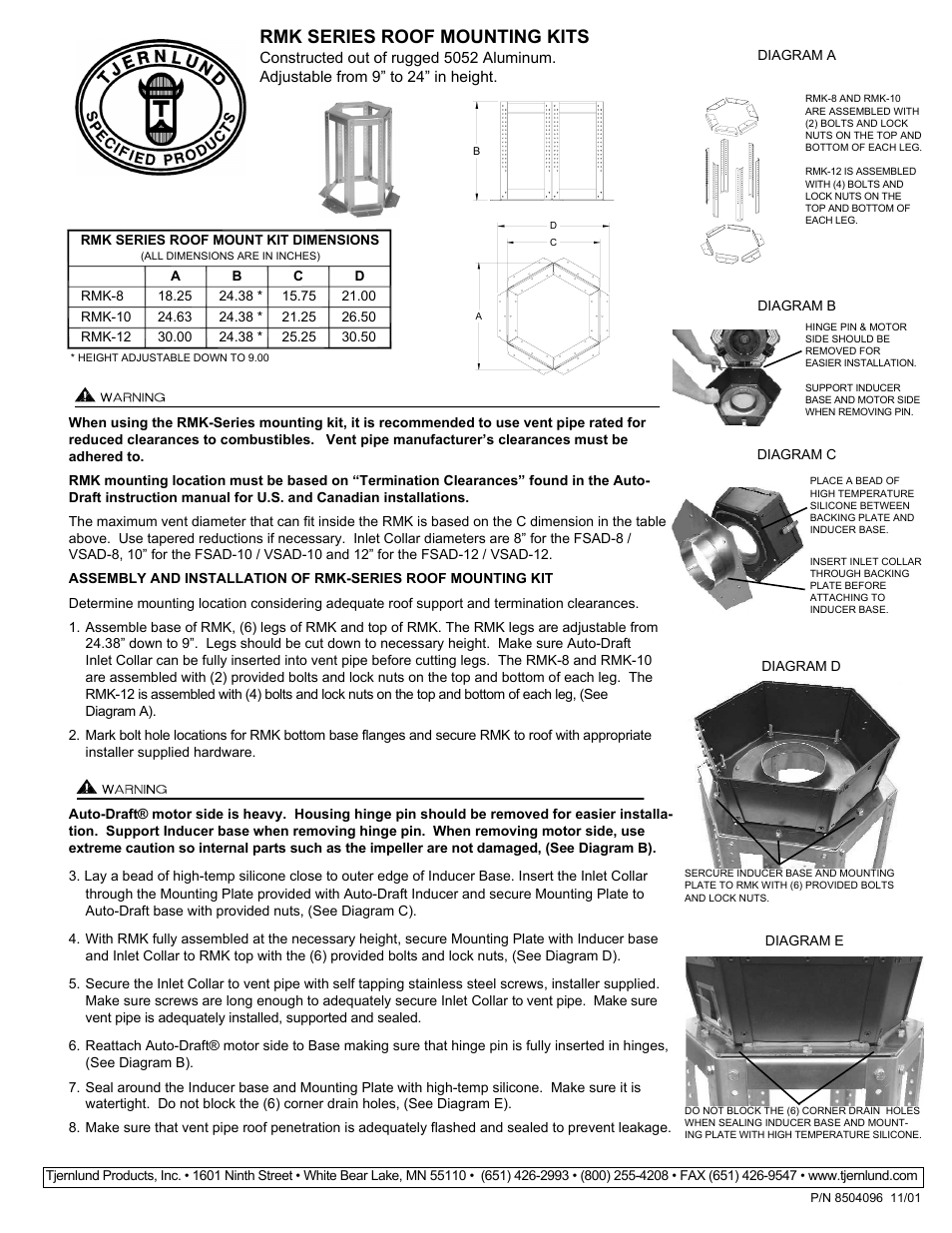 Tjernlund RMK Series Auto-Draft Roof Mount Kits 8504096 Rev 11/01 User Manual | 1 page