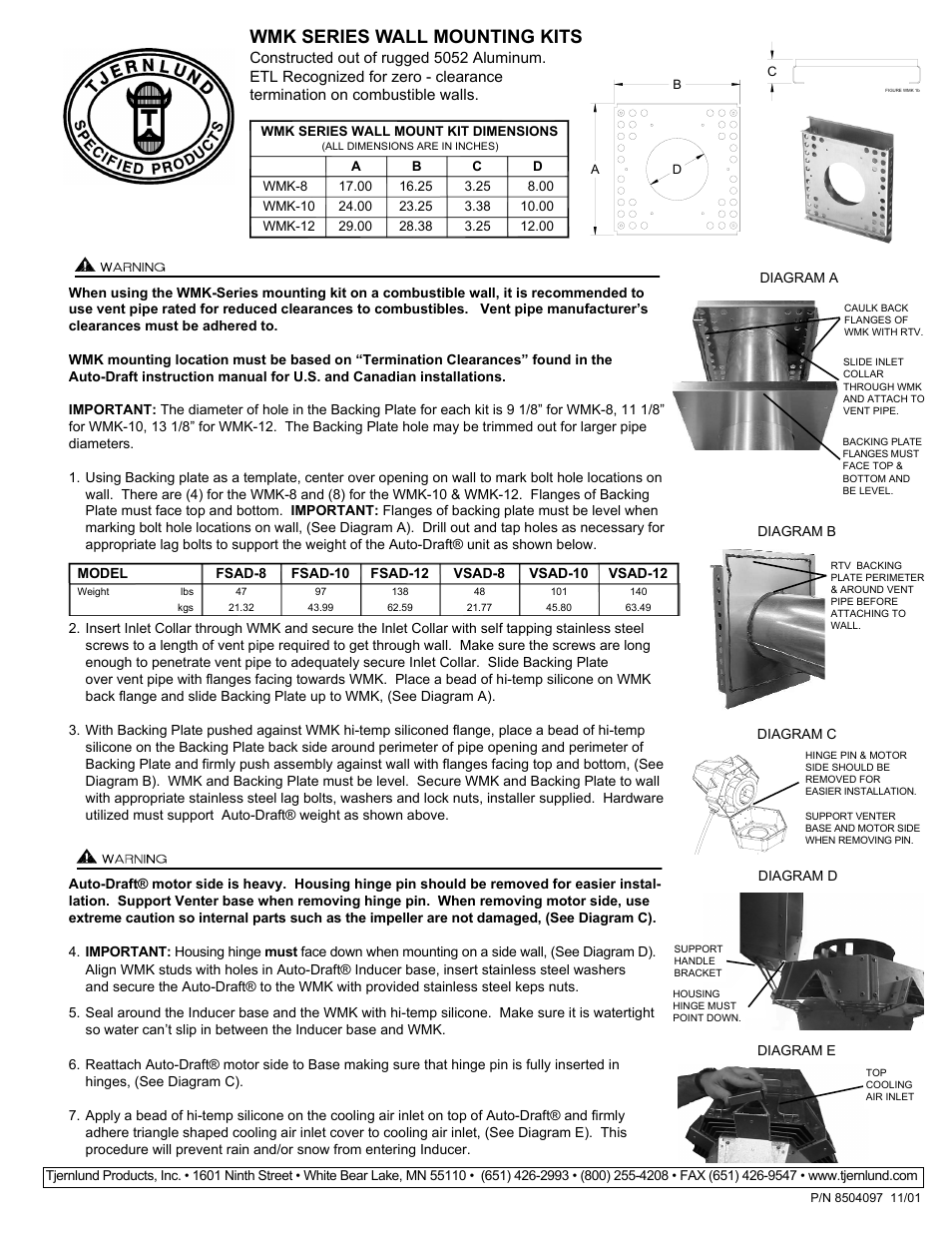 Tjernlund WMK Series Auto-Draft Wall Mount Kits 8504097 Rev 11/01 User Manual | 1 page