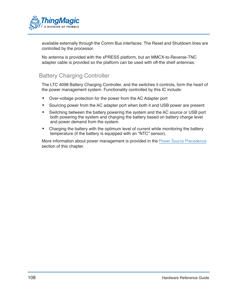 Battery charging controller | ThingMagic Mercury xPRESS Platform v1.7 User Manual | Page 108 / 144