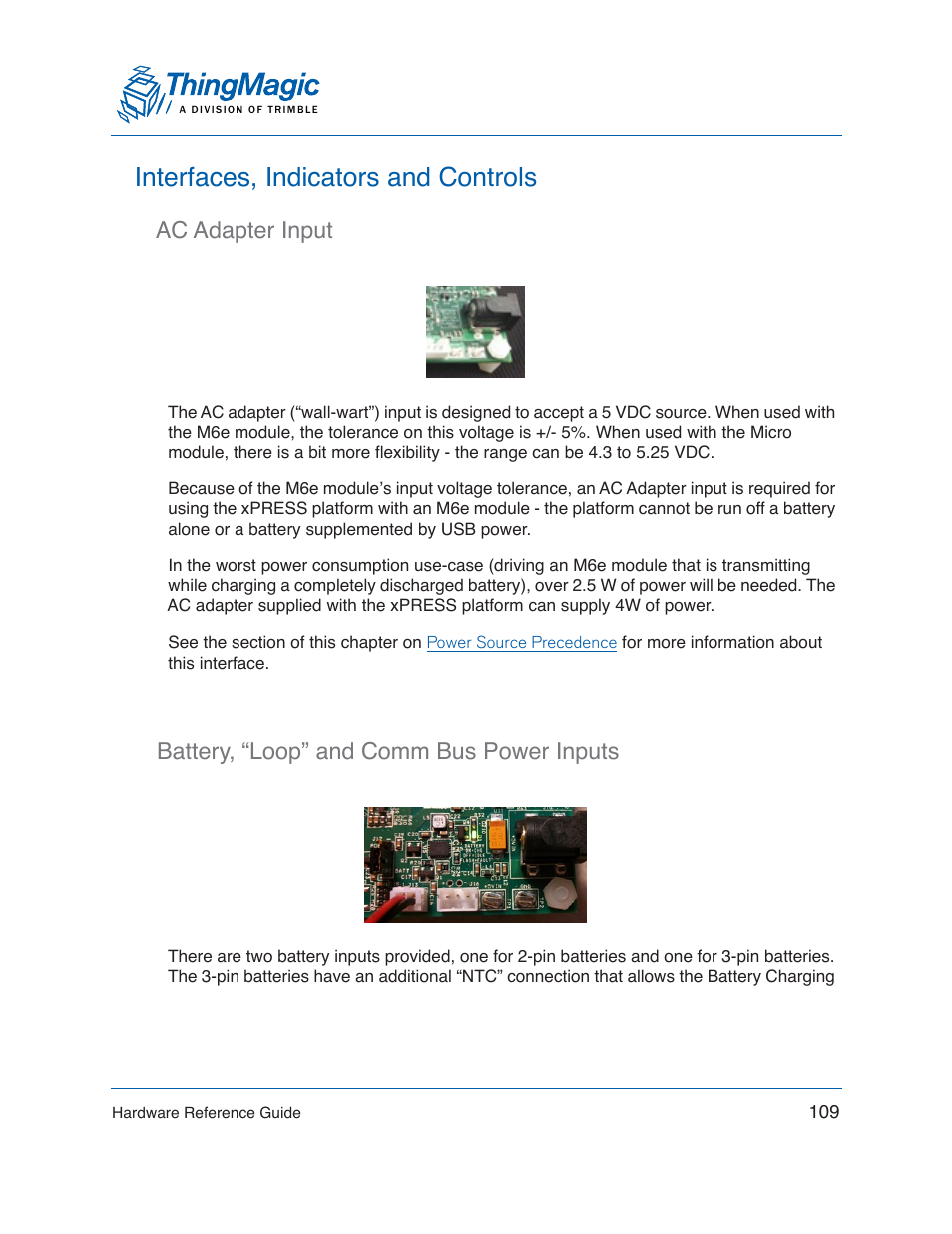 Interfaces, indicators and controls, Ac adapter input, Battery, “loop” and comm bus power inputs | ThingMagic Mercury xPRESS Platform v1.7 User Manual | Page 109 / 144
