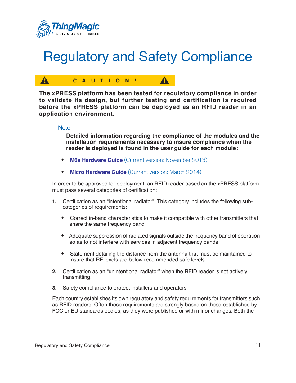 Regulatory and safety compliance | ThingMagic Mercury xPRESS Platform v1.7 User Manual | Page 11 / 144