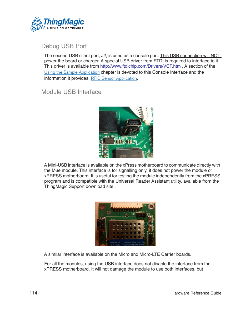 Debug usb port, Module usb interface, Debug usb port module usb interface | ThingMagic Mercury xPRESS Platform v1.7 User Manual | Page 114 / 144