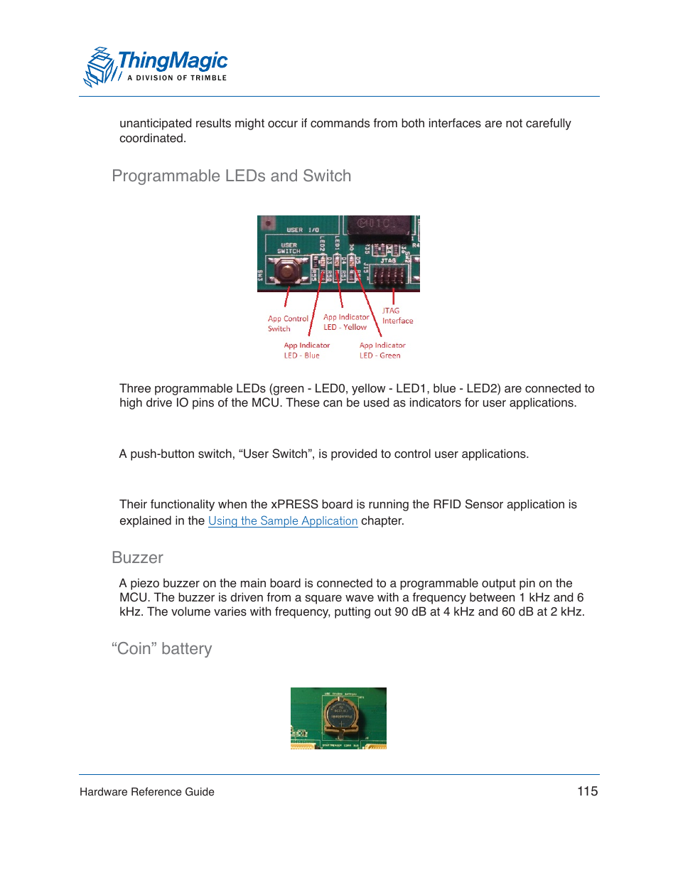 Programmable leds and switch, Buzzer, Coin” battery | Buzzer “coin” battery | ThingMagic Mercury xPRESS Platform v1.7 User Manual | Page 115 / 144