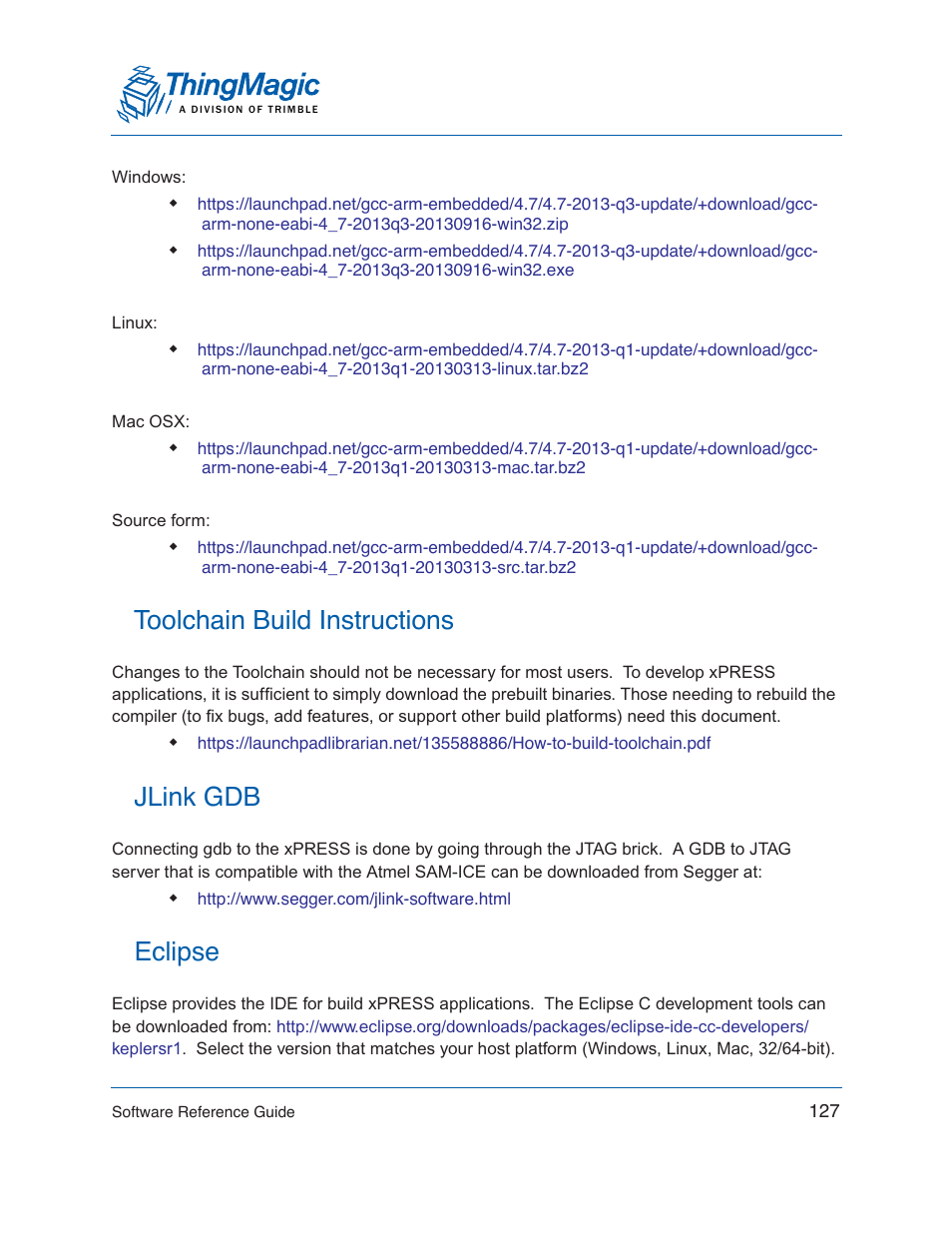 Toolchain build instructions, Jlink gdb, Eclipse | Toolchain build instructions jlink gdb eclipse | ThingMagic Mercury xPRESS Platform v1.7 User Manual | Page 127 / 144