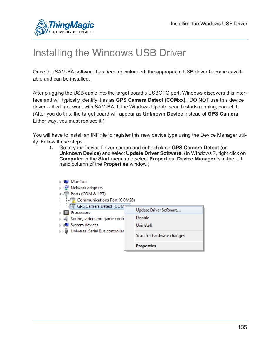 Installing the windows usb driver | ThingMagic Mercury xPRESS Platform v1.7 User Manual | Page 135 / 144