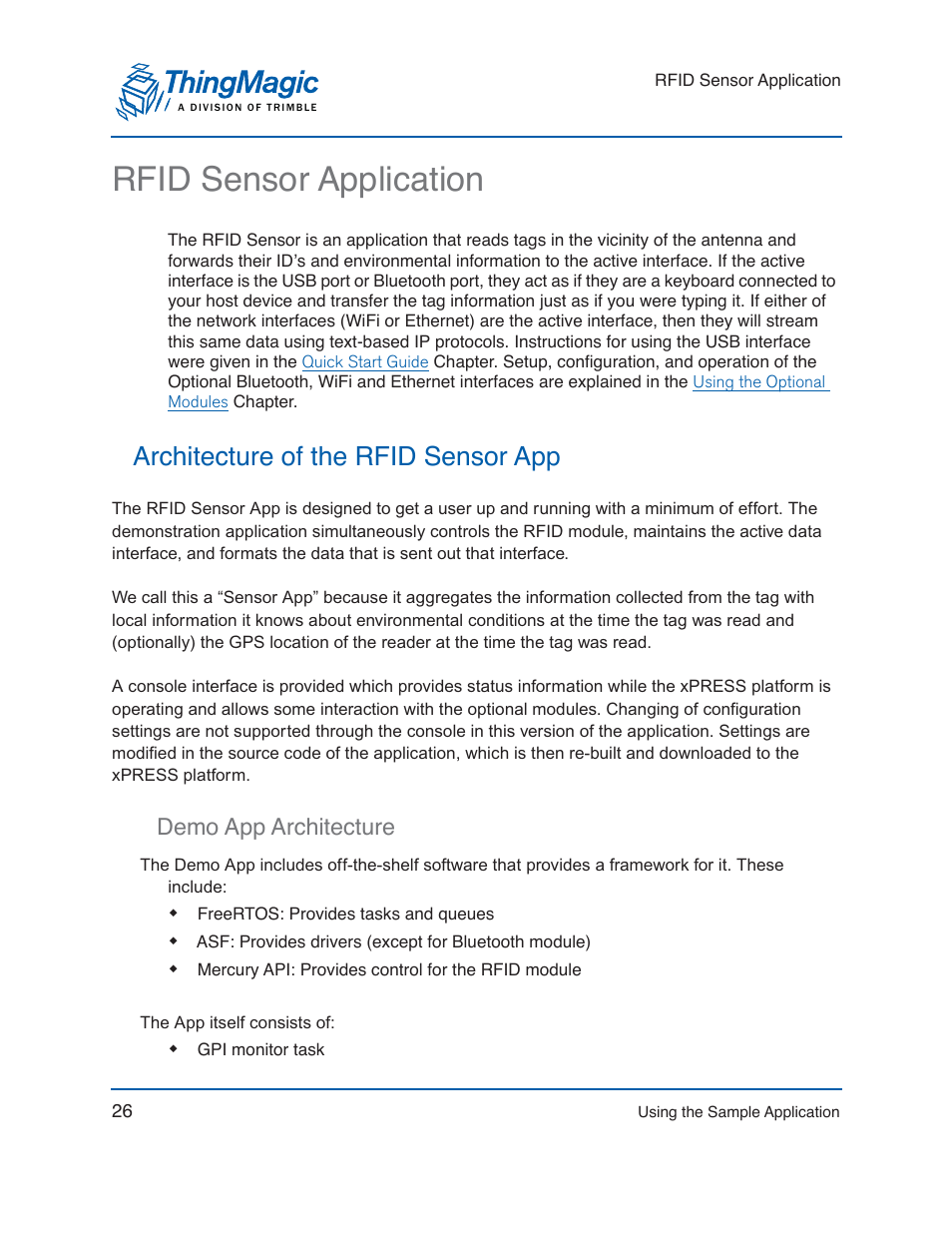 Rfid sensor application, Architecture of the rfid sensor app, Demo app architecture | ThingMagic Mercury xPRESS Platform v1.7 User Manual | Page 26 / 144