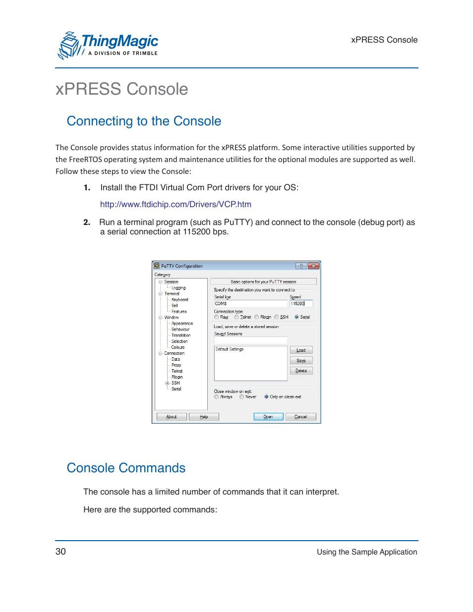 Xpress console, Connecting to the console, Console commands | Connecting to the console console commands | ThingMagic Mercury xPRESS Platform v1.7 User Manual | Page 30 / 144