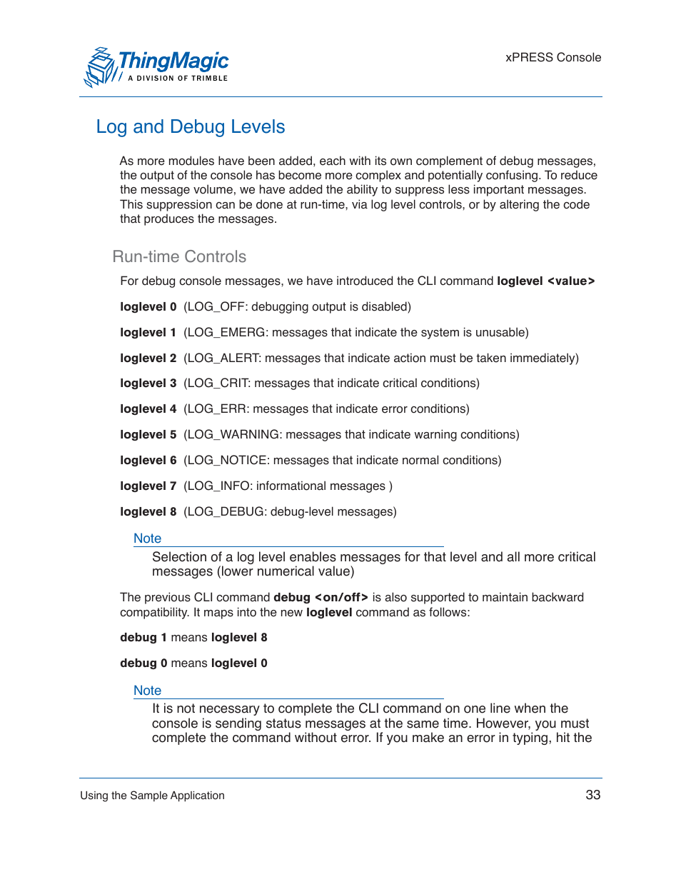 Log and debug levels, Run-time controls | ThingMagic Mercury xPRESS Platform v1.7 User Manual | Page 33 / 144