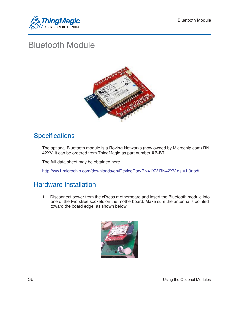 Bluetooth module, Specifications, Hardware installation | Specifications hardware installation | ThingMagic Mercury xPRESS Platform v1.7 User Manual | Page 36 / 144