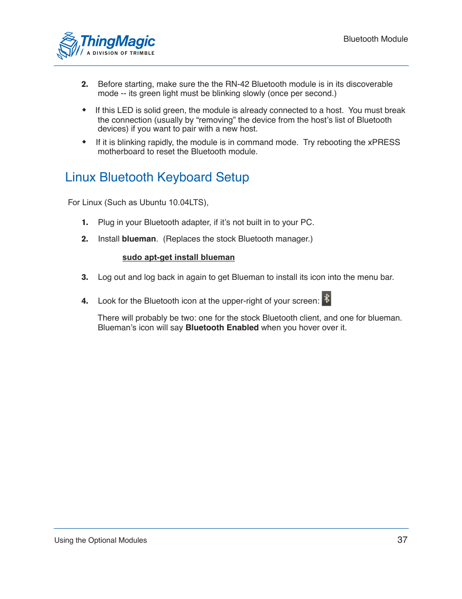Linux bluetooth keyboard setup | ThingMagic Mercury xPRESS Platform v1.7 User Manual | Page 37 / 144