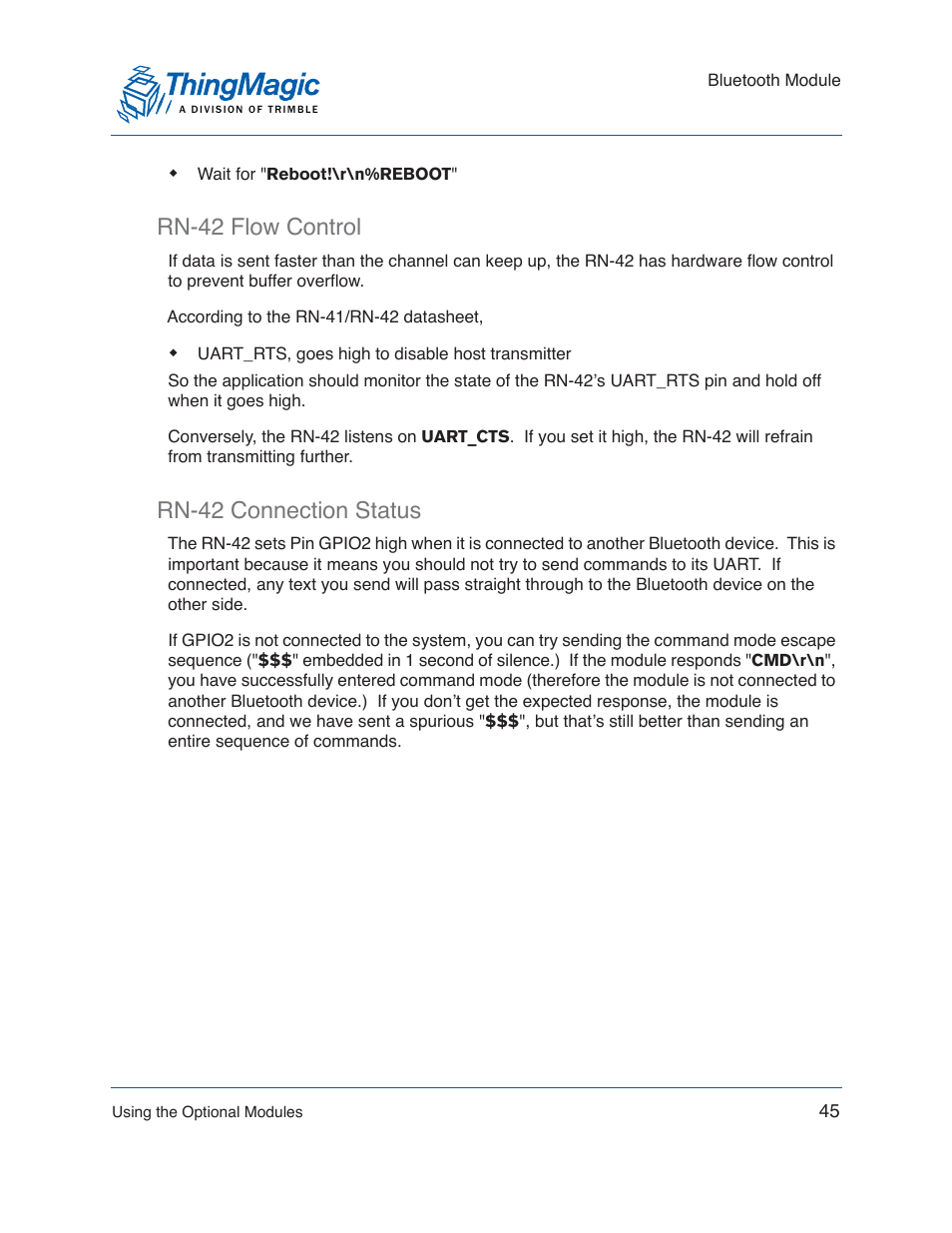 Rn-42 flow control, Rn-42 connection status, Rn-42 flow control rn-42 connection status | ThingMagic Mercury xPRESS Platform v1.7 User Manual | Page 45 / 144