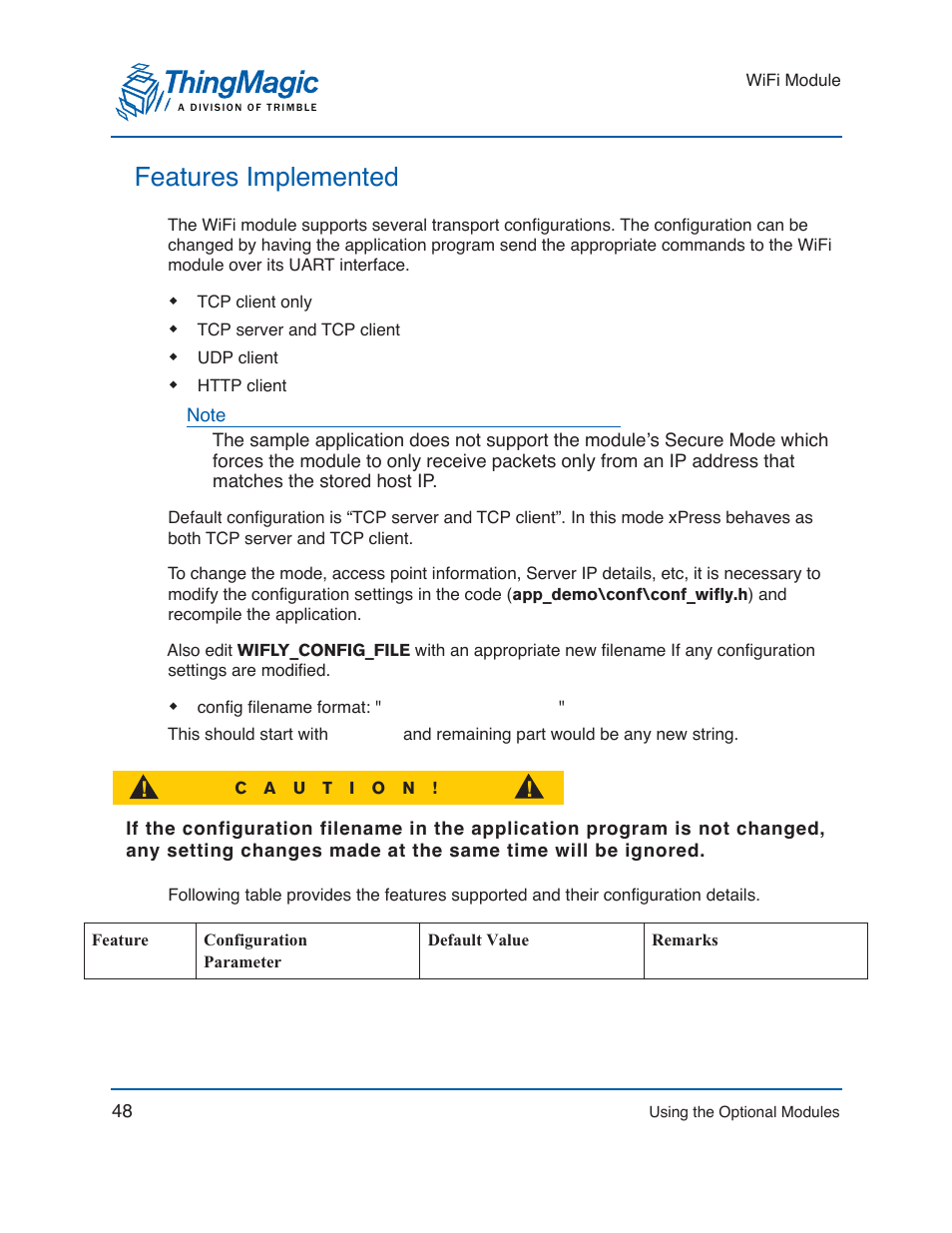 Features implemented | ThingMagic Mercury xPRESS Platform v1.7 User Manual | Page 48 / 144