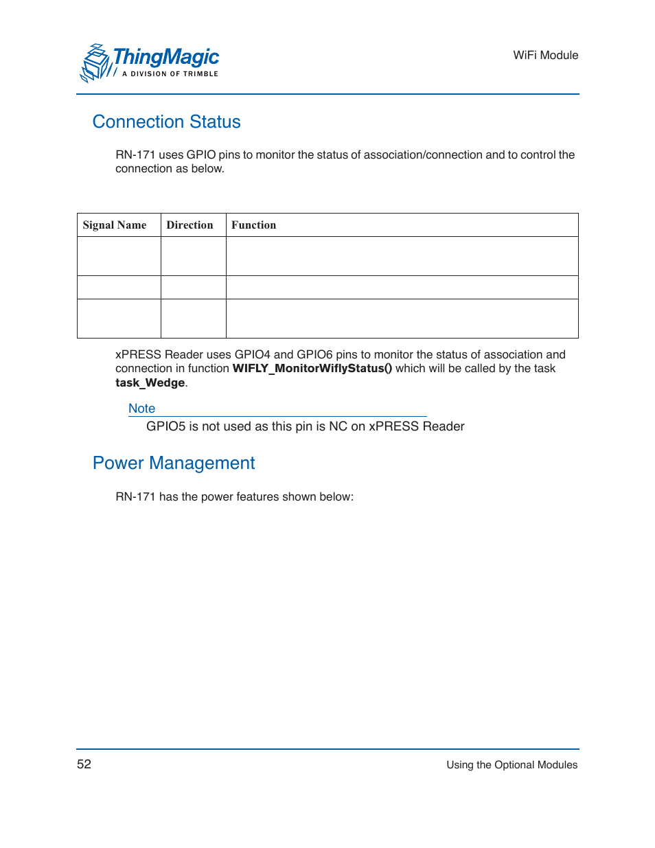 Connection status, Power management, Connection status power management | ThingMagic Mercury xPRESS Platform v1.7 User Manual | Page 52 / 144