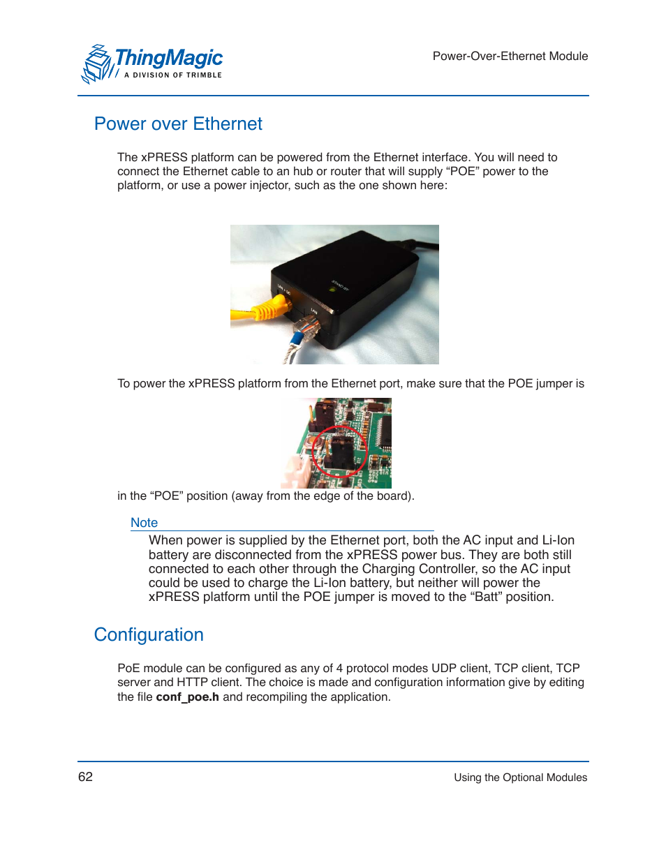 Power over ethernet, Configuration, Power over ethernet configuration | ThingMagic Mercury xPRESS Platform v1.7 User Manual | Page 62 / 144