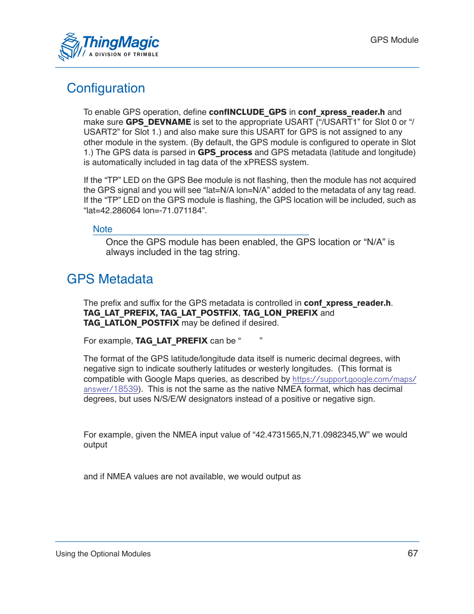 Configuration, Gps metadata, Configuration gps metadata | ThingMagic Mercury xPRESS Platform v1.7 User Manual | Page 67 / 144