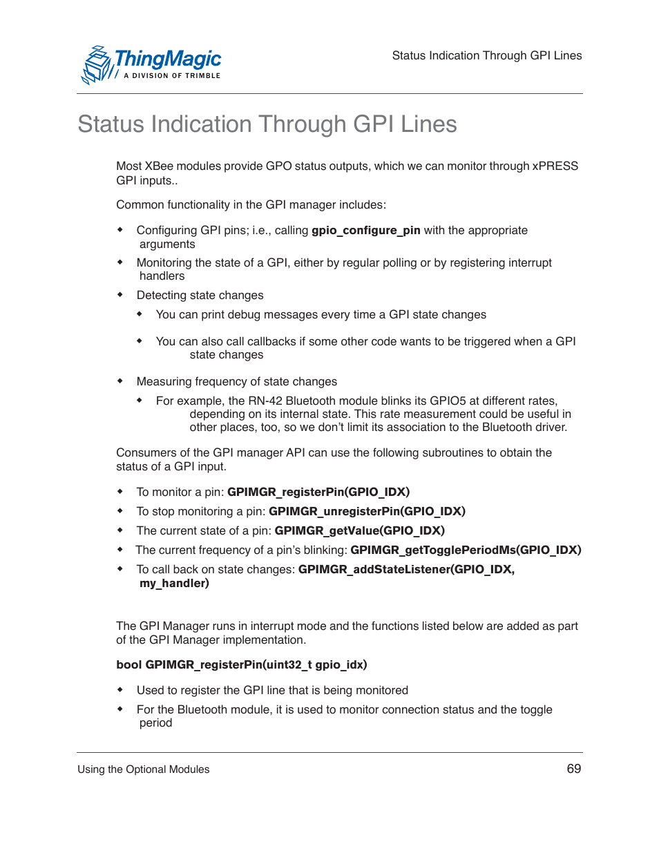 Status indication through gpi lines | ThingMagic Mercury xPRESS Platform v1.7 User Manual | Page 69 / 144