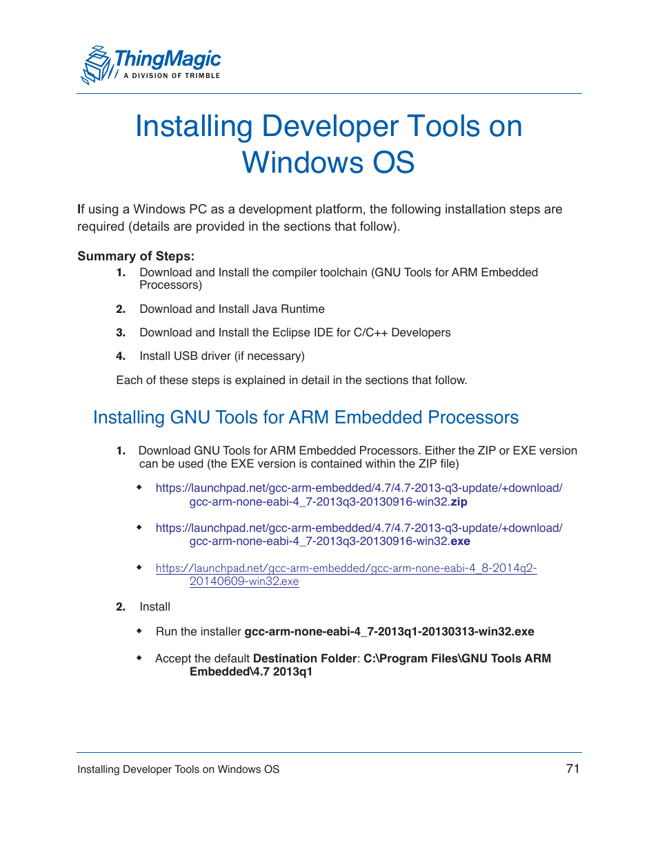 Installing developer tools on windows os, Installing gnu tools for arm embedded processors | ThingMagic Mercury xPRESS Platform v1.7 User Manual | Page 71 / 144