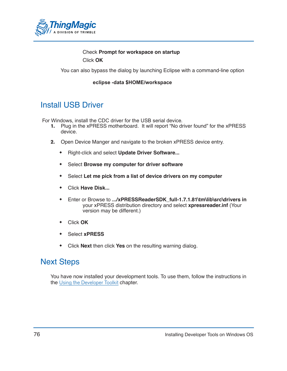 Install usb driver, Next steps, Install usb driver next steps | ThingMagic Mercury xPRESS Platform v1.7 User Manual | Page 76 / 144