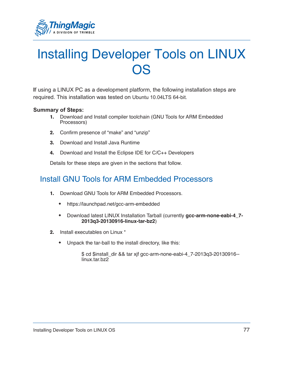 Installing developer tools on linux os, Install gnu tools for arm embedded processors | ThingMagic Mercury xPRESS Platform v1.7 User Manual | Page 77 / 144