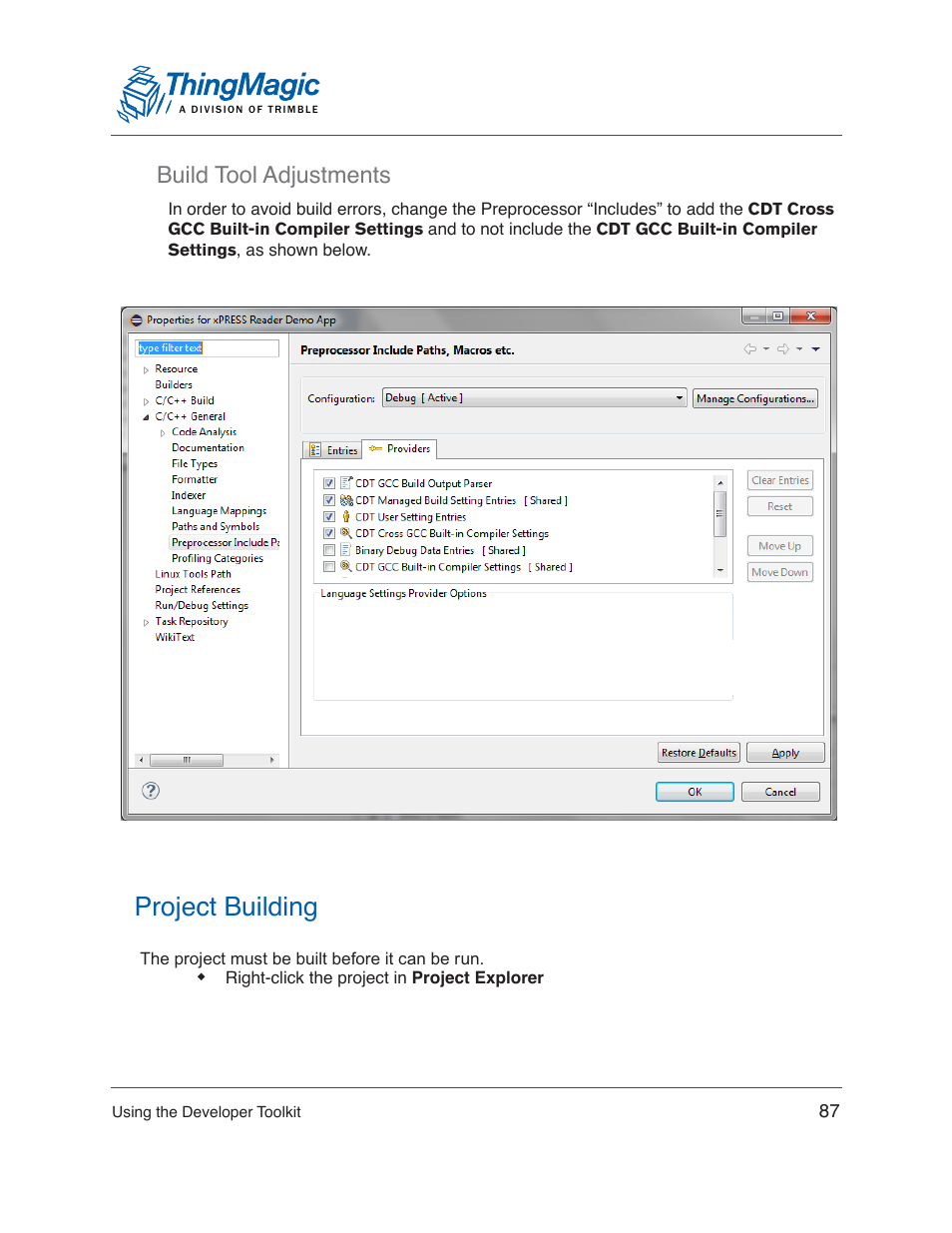 Build tool adjustments, Project building | ThingMagic Mercury xPRESS Platform v1.7 User Manual | Page 87 / 144