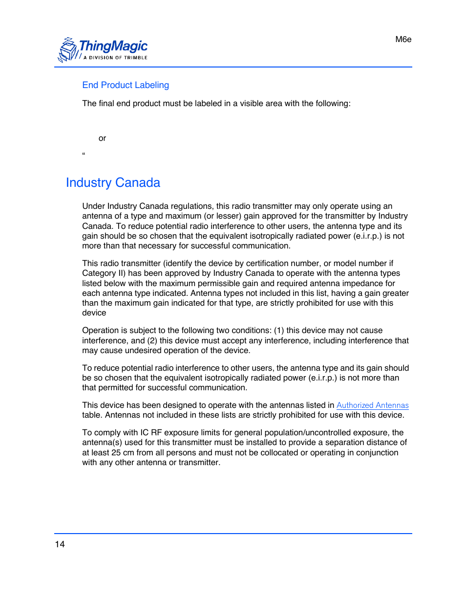 End product labeling, Industry canada | ThingMagic M6e User Manual | Page 14 / 100