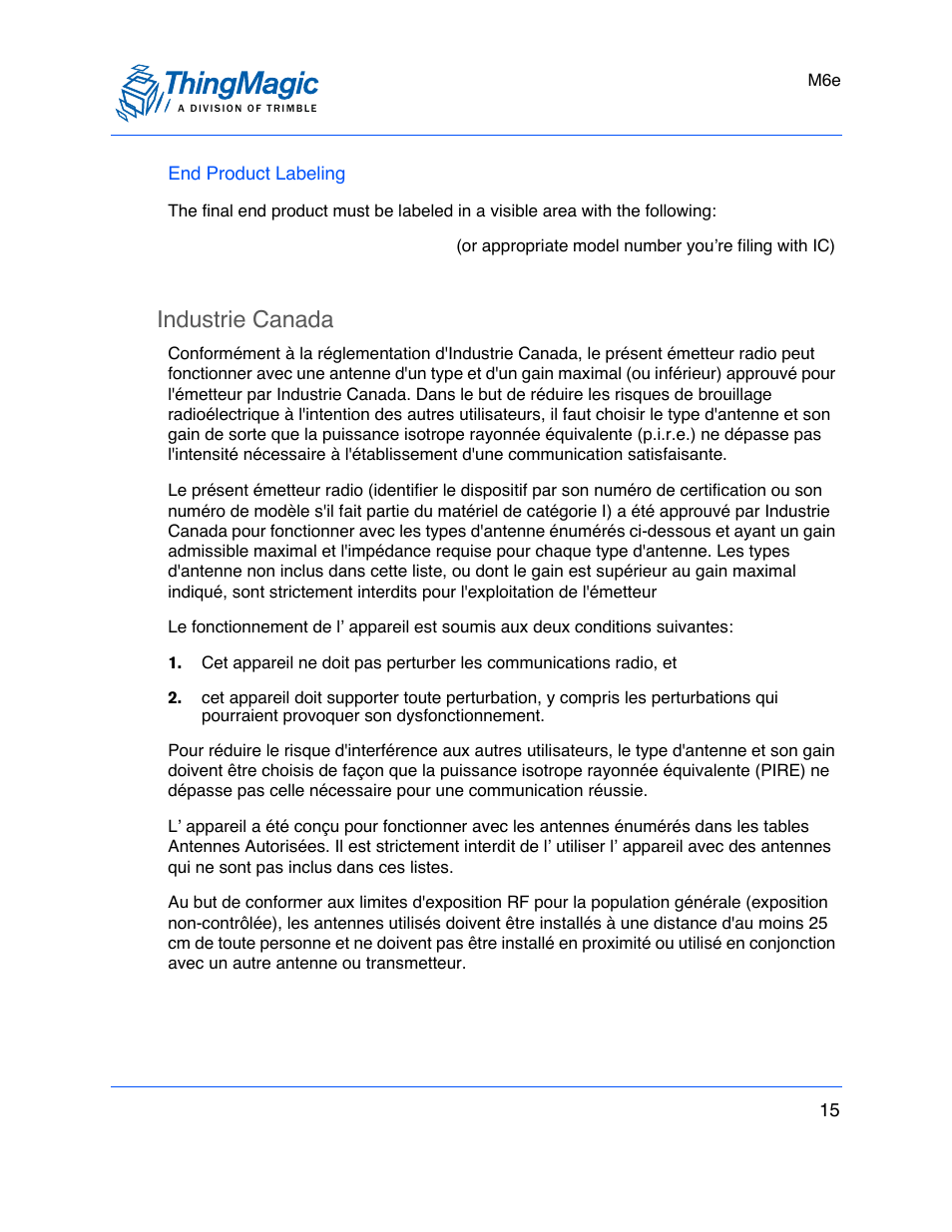 End product labeling, Industrie canada, Industrie canada 15 | ThingMagic M6e User Manual | Page 15 / 100