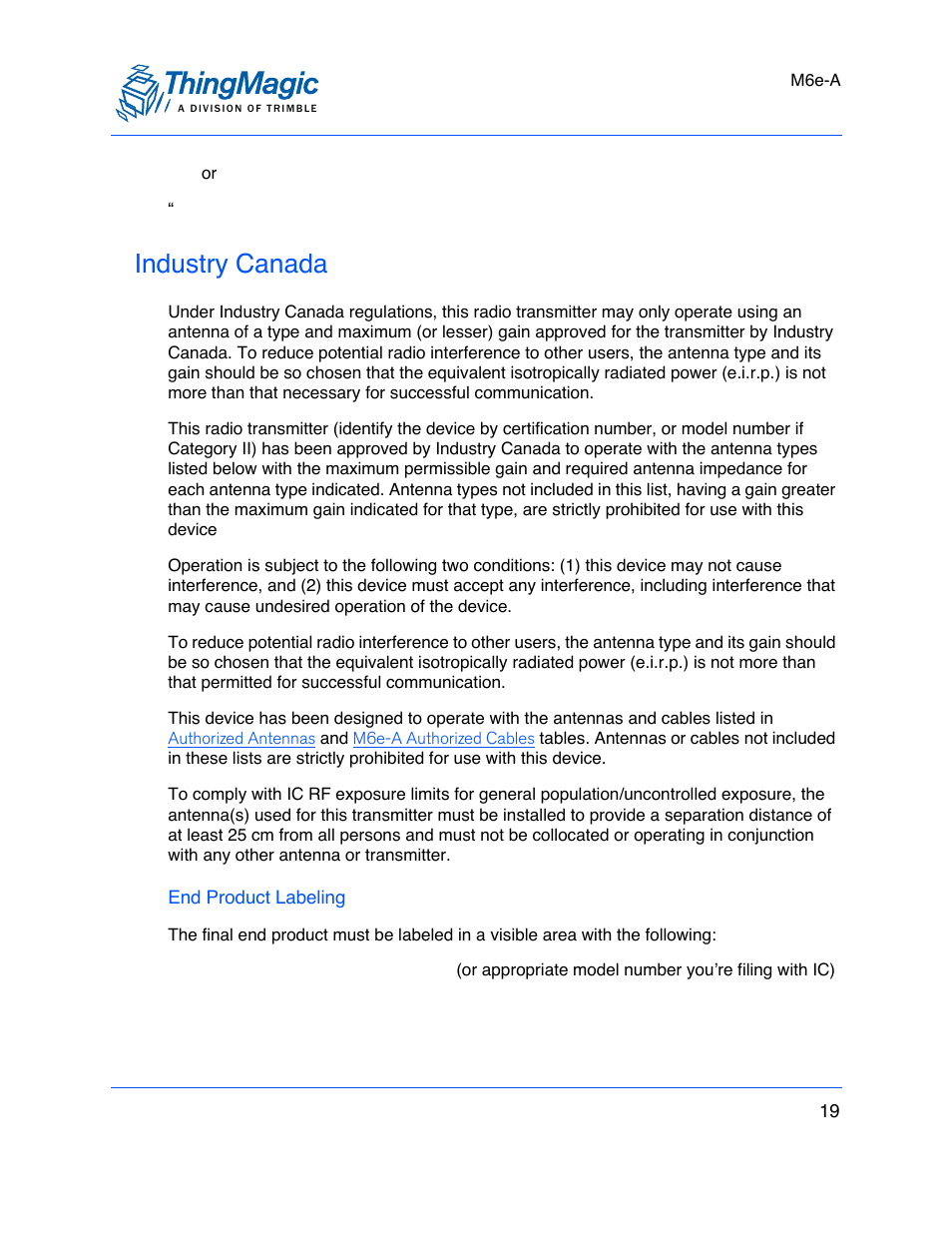 Industry canada, End product labeling | ThingMagic M6e User Manual | Page 19 / 100