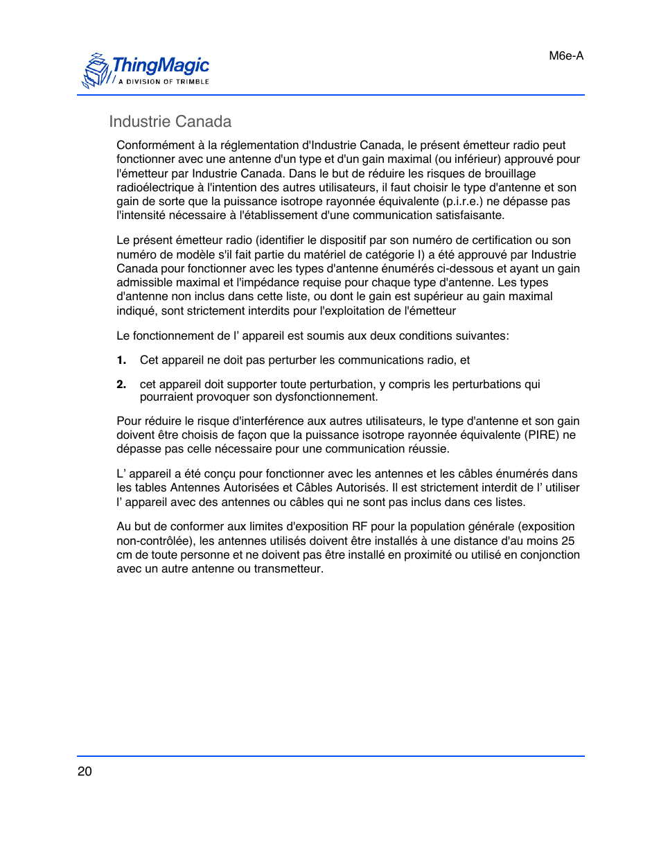 Industrie canada, Industrie canada 20 | ThingMagic M6e User Manual | Page 20 / 100