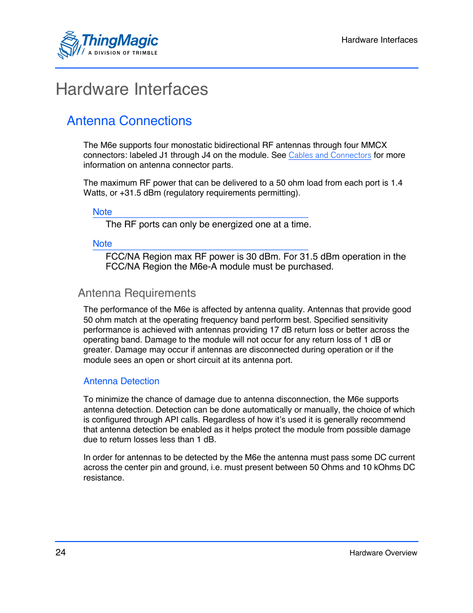 Hardware interfaces, Antenna connections, Antenna requirements | Antenna detection, Antenna requirements 24 | ThingMagic M6e User Manual | Page 24 / 100