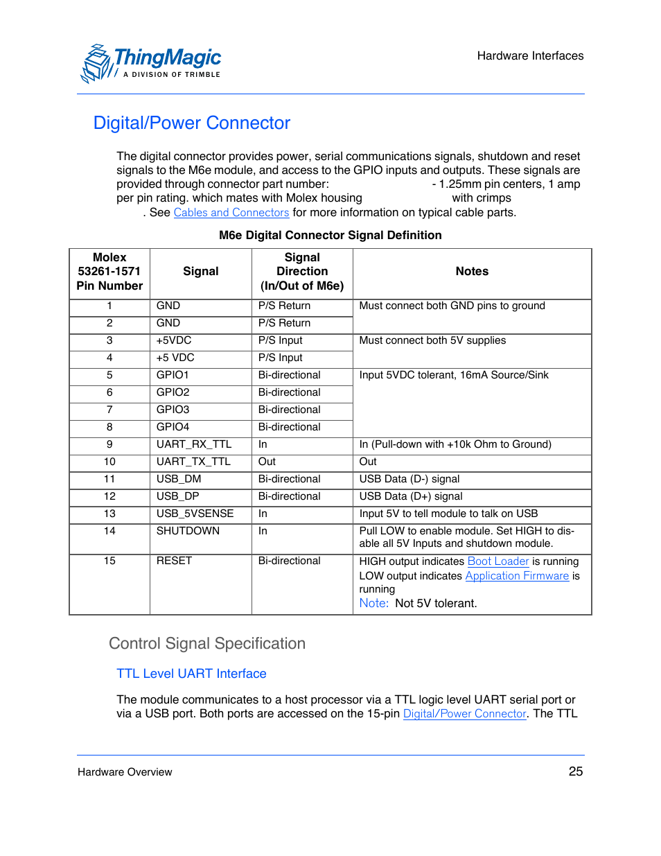 Digital/power connector, Control signal specification, Ttl level uart interface | Control signal specification 25 | ThingMagic M6e User Manual | Page 25 / 100