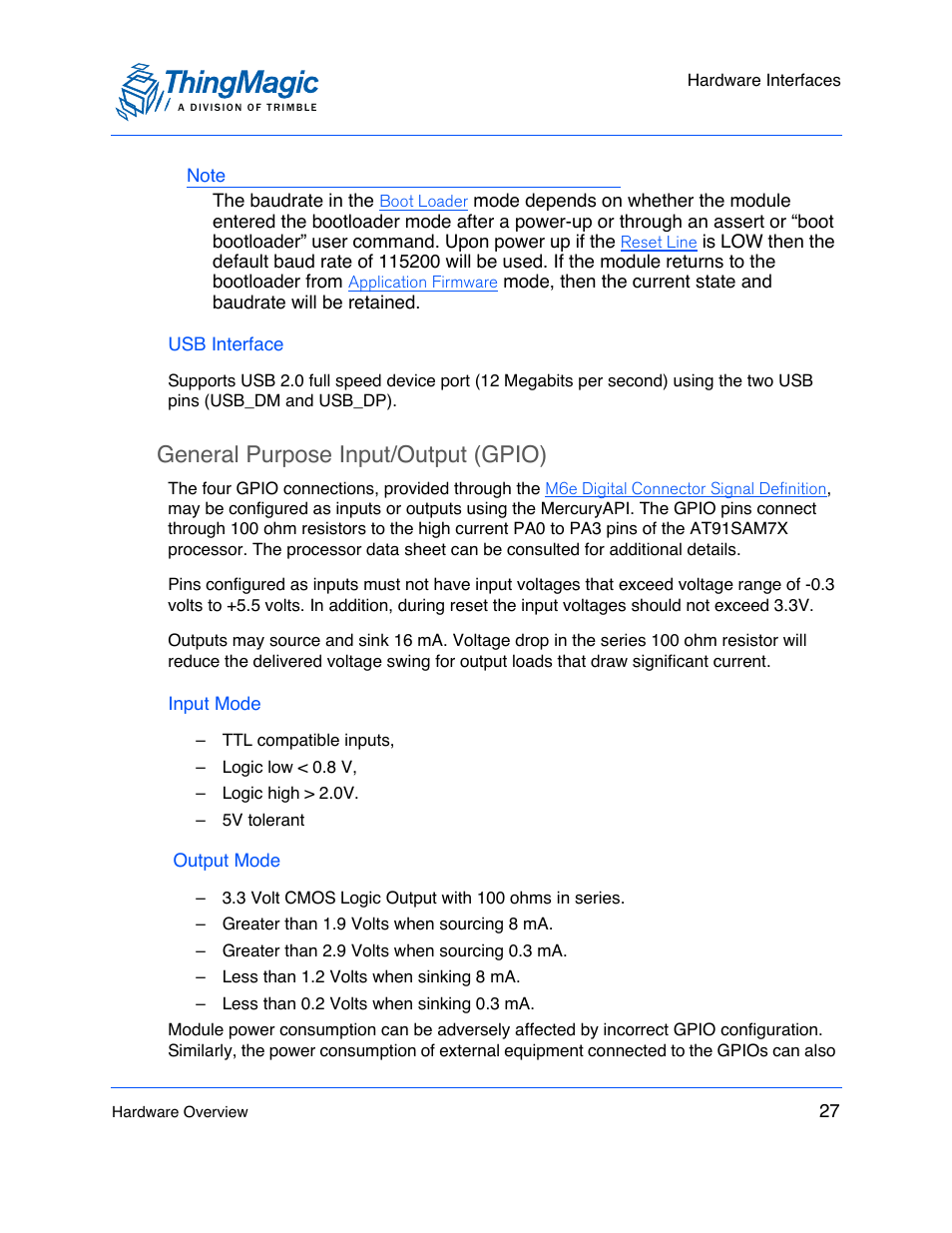 Usb interface, General purpose input/output (gpio), Input mode | Output mode, General purpose input/output (gpio) 27 | ThingMagic M6e User Manual | Page 27 / 100
