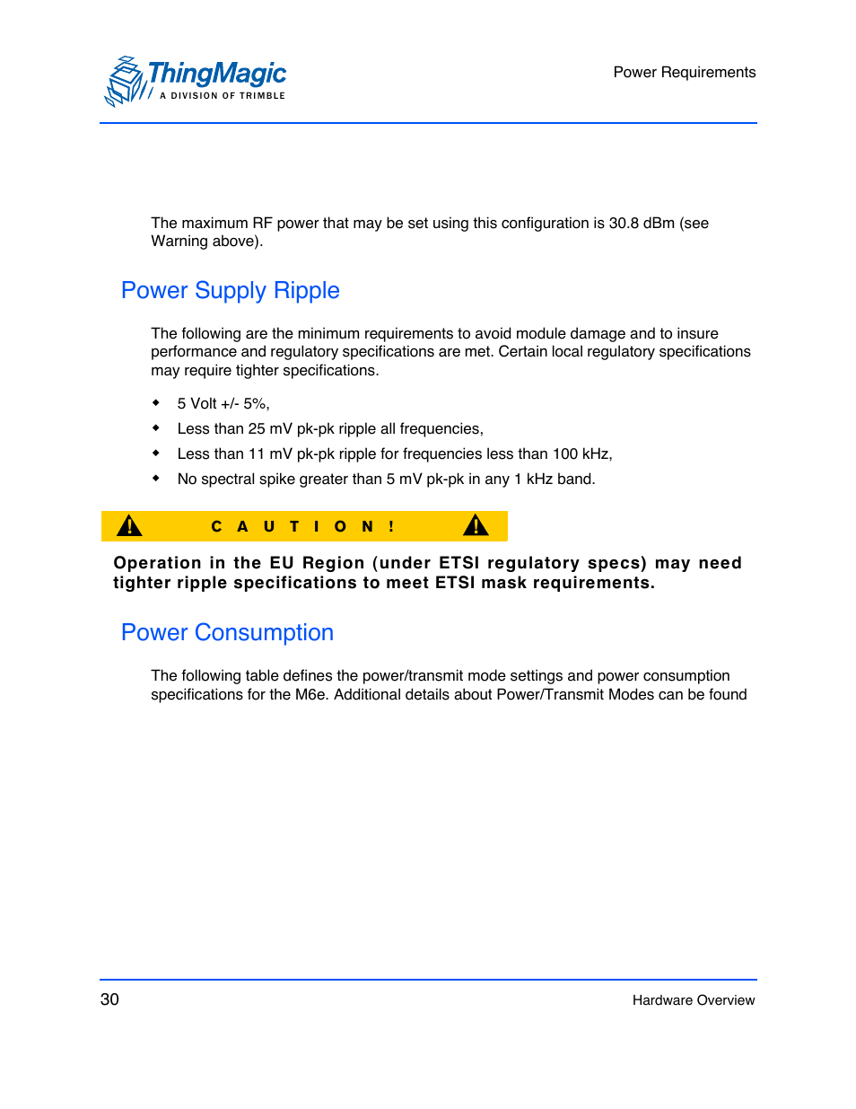 Power supply ripple, Power consumption | ThingMagic M6e User Manual | Page 30 / 100