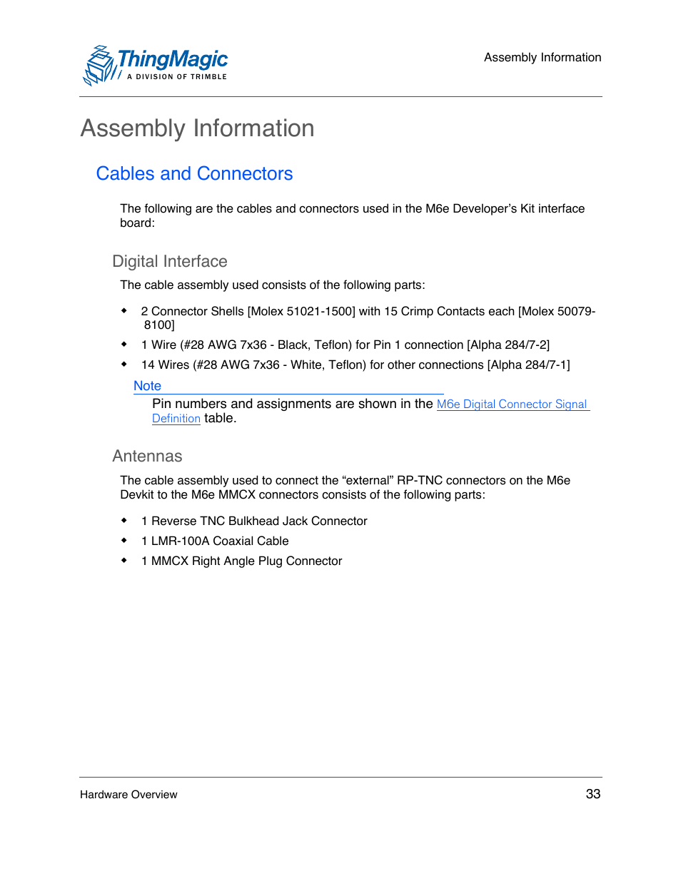 Assembly information, Cables and connectors, Digital interface | Antennas, Digital interface 33, Antennas 33, For mo | ThingMagic M6e User Manual | Page 33 / 100