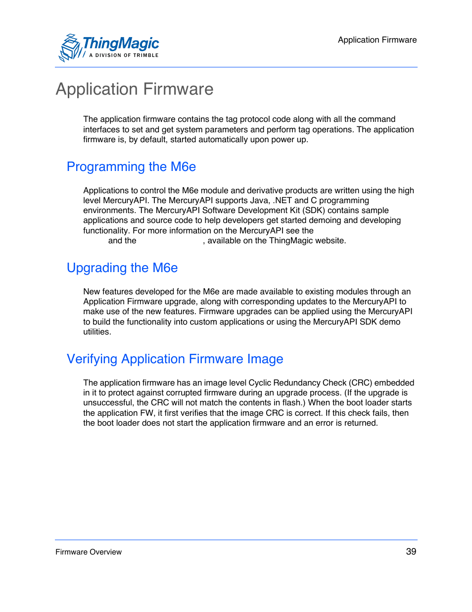 Application firmware, Programming the m6e, Upgrading the m6e | Verifying application firmware image | ThingMagic M6e User Manual | Page 39 / 100