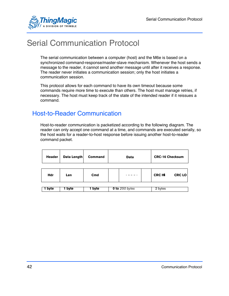 Serial communication protocol, Host-to-reader communication | ThingMagic M6e User Manual | Page 42 / 100