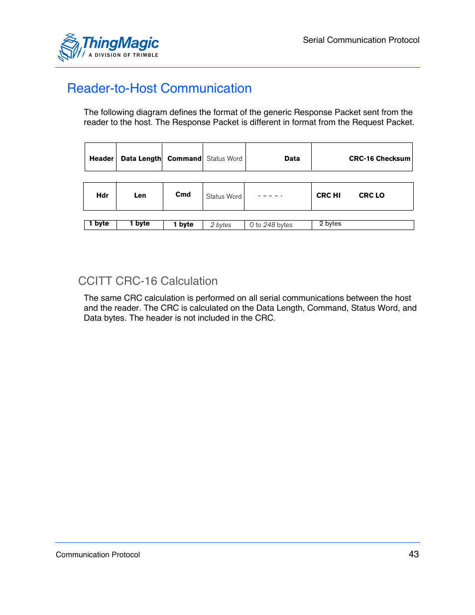 Reader-to-host communication, Ccitt crc-16 calculation, Ccitt crc-16 calculation 43 | ThingMagic M6e User Manual | Page 43 / 100