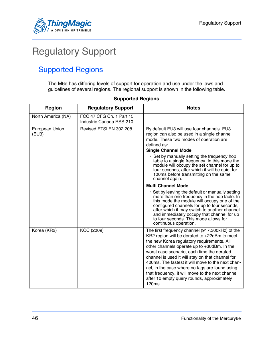 Regulatory support, Supported regions | ThingMagic M6e User Manual | Page 46 / 100