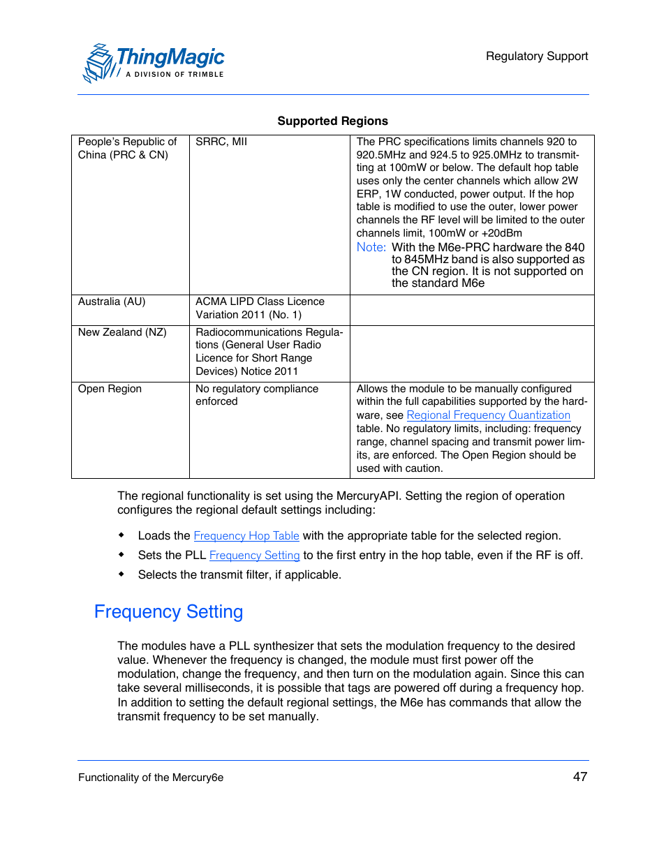Frequency setting | ThingMagic M6e User Manual | Page 47 / 100