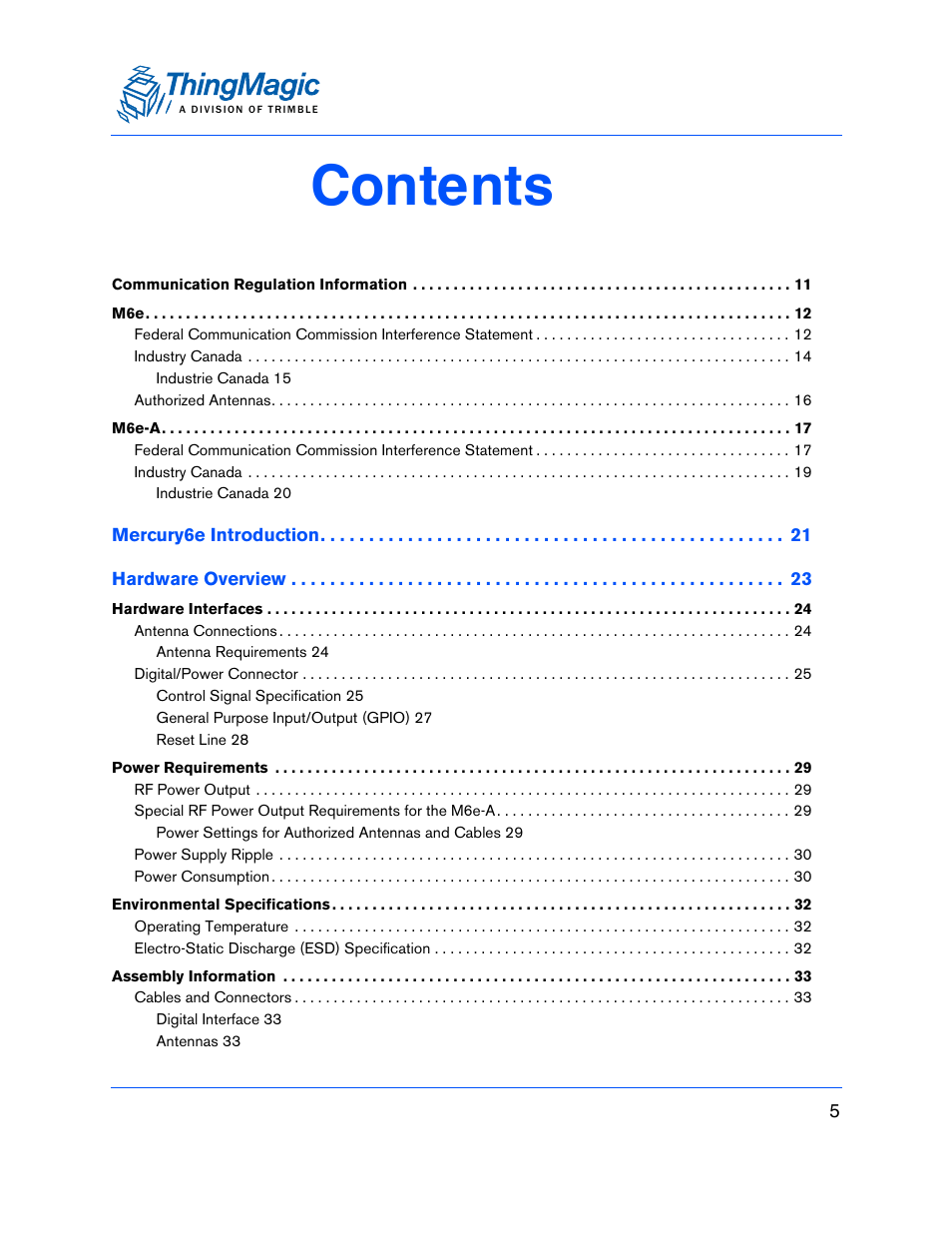 ThingMagic M6e User Manual | Page 5 / 100