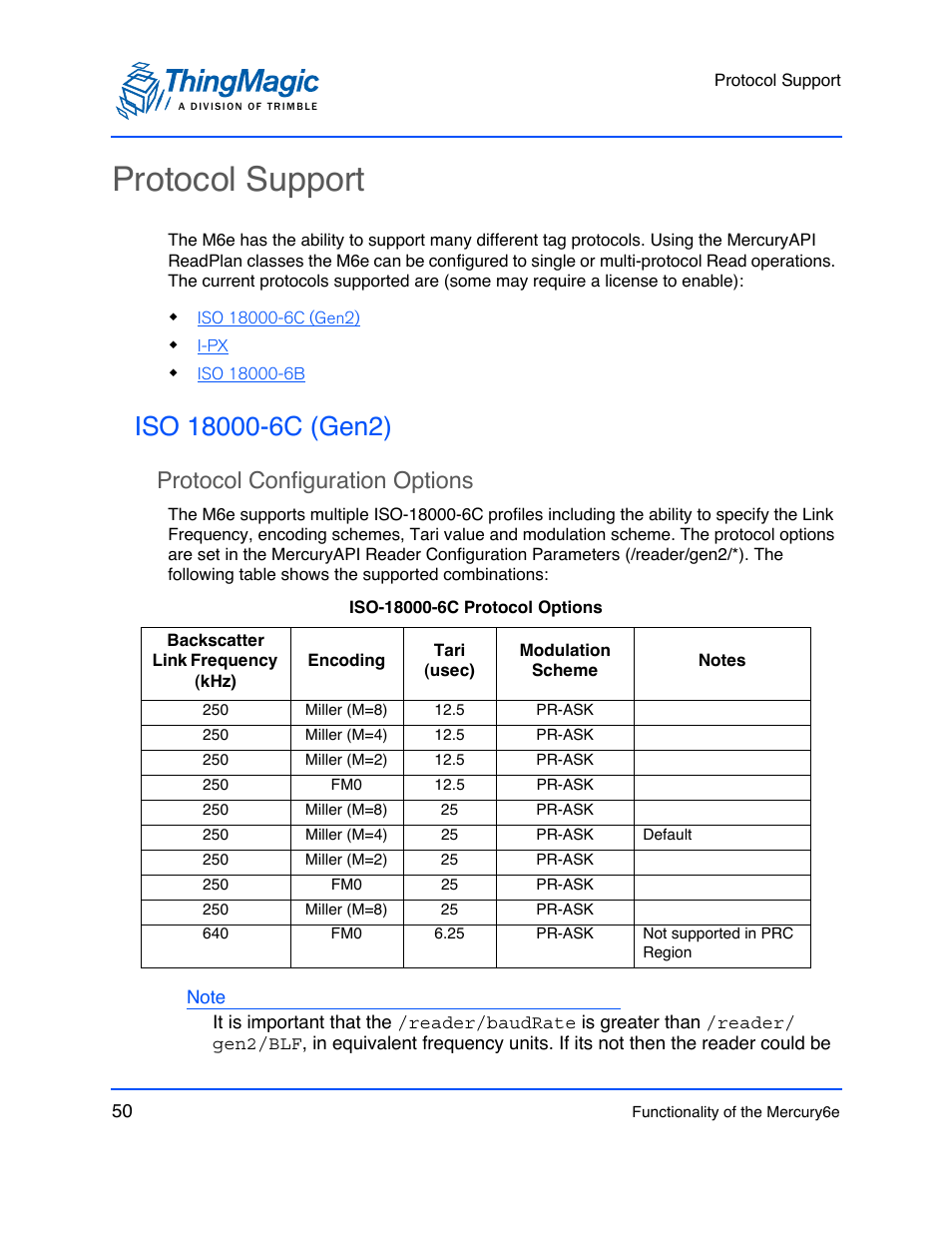 Protocol support, Iso 18000-6c (gen2), Protocol configuration options | Protocol configuration options 50 | ThingMagic M6e User Manual | Page 50 / 100