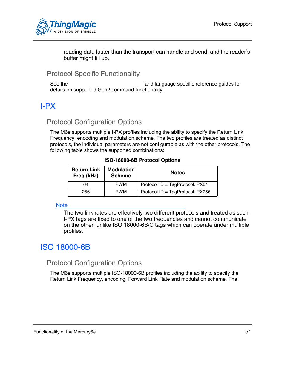 Protocol specific functionality, I-px, Protocol configuration options | Iso 18000-6b, Protocol specific functionality 51, Protocol configuration options 51 | ThingMagic M6e User Manual | Page 51 / 100