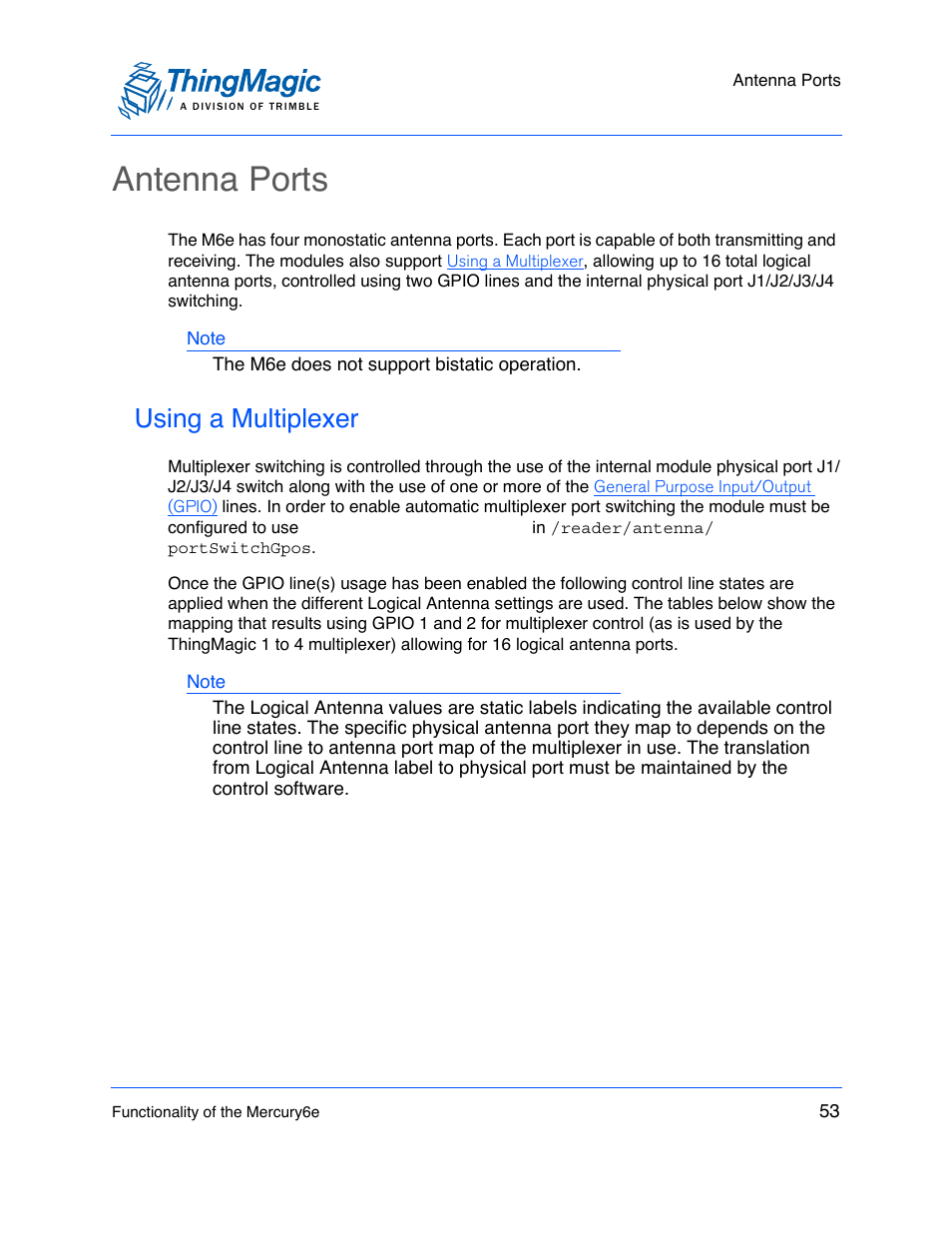 Antenna ports, Using a multiplexer | ThingMagic M6e User Manual | Page 53 / 100