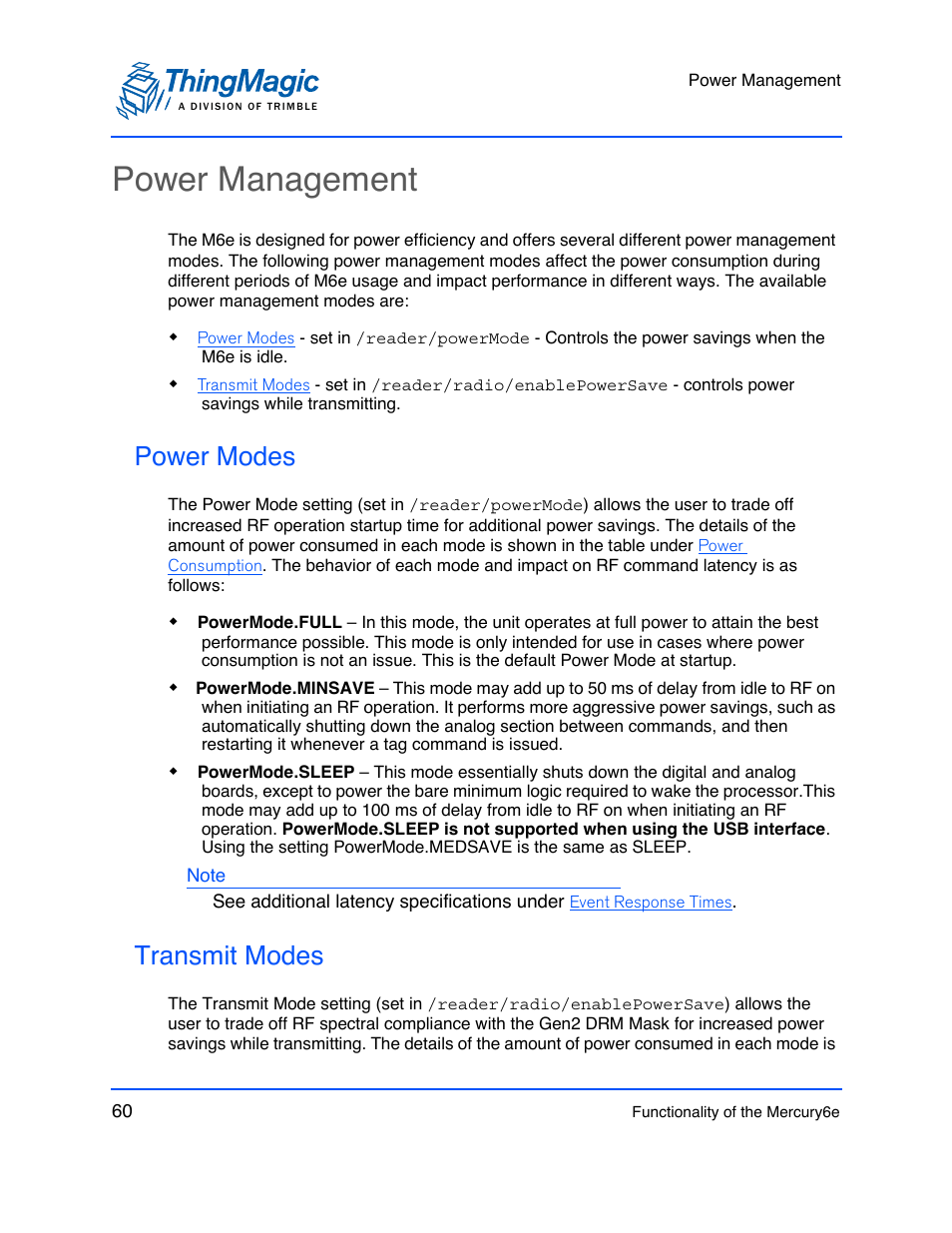 Power management, Power modes, Transmit modes | ThingMagic M6e User Manual | Page 60 / 100