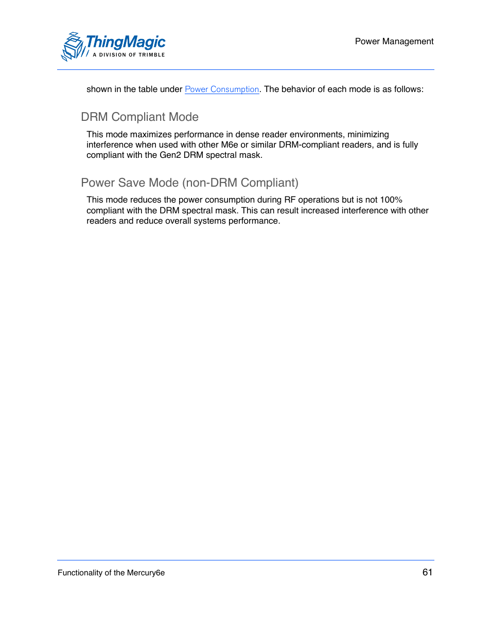 Drm compliant mode, Power save mode (non-drm compliant), Drm compliant mode 61 | Power save mode (non-drm compliant) 61 | ThingMagic M6e User Manual | Page 61 / 100