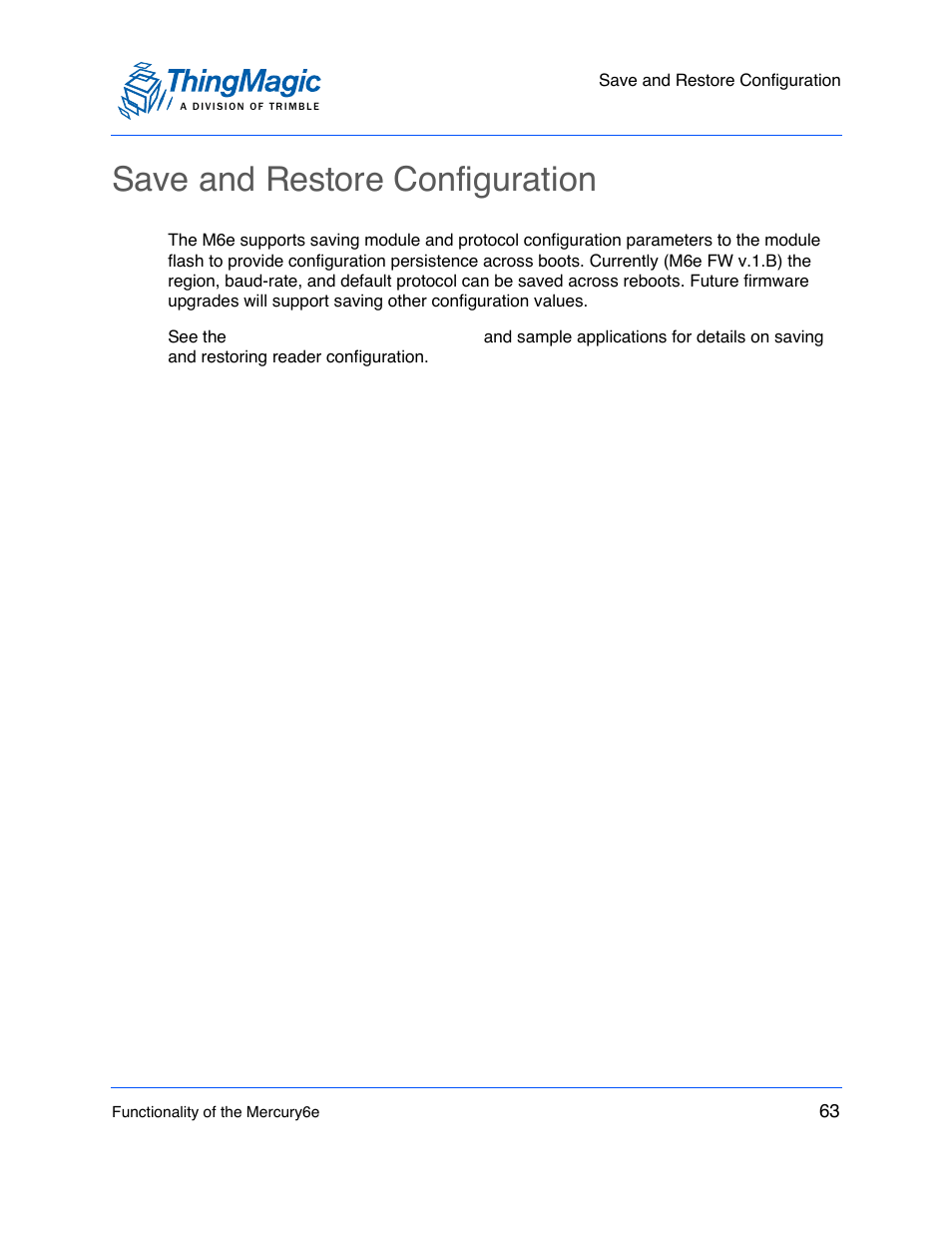 Save and restore configuration | ThingMagic M6e User Manual | Page 63 / 100